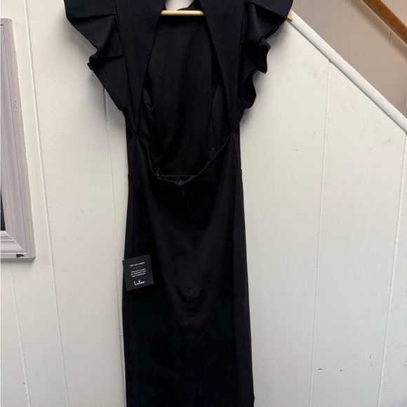 Lulus Stylish Splendor Ruffle Open Back BodyCon Black Midi Dress Size Small NWT - Picture 5 of 7